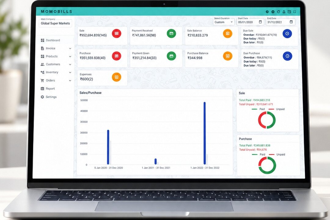 Momobills cloud dashboard on a laptop showing sales, purchases and dues